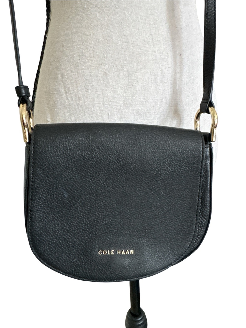 Cole Haan Black Leather Saddle Crossbody with Gold Hardware